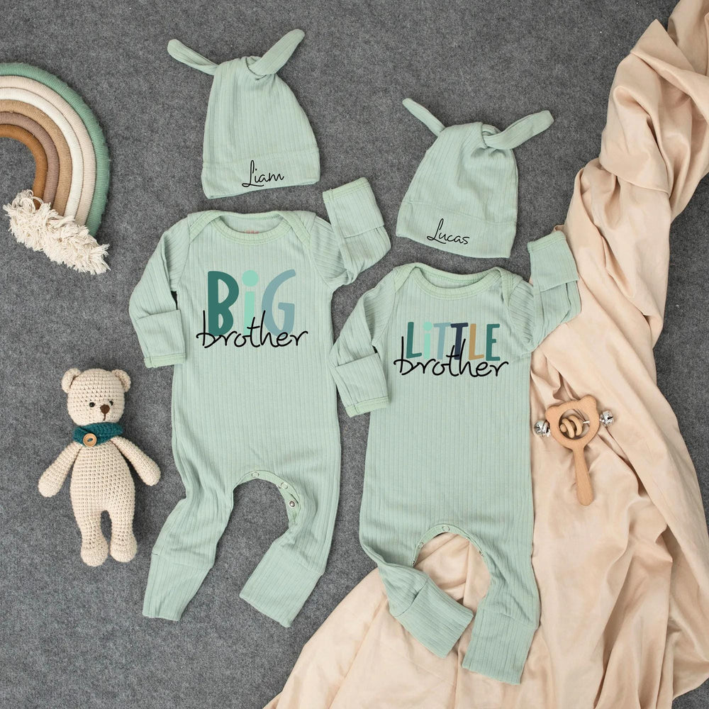 Big Brother Little Brother Matching Bodysuit and Hat Set Custom Baby Toddler Outfit Modern Typography Baby Shower Gift Coming Home Clothes