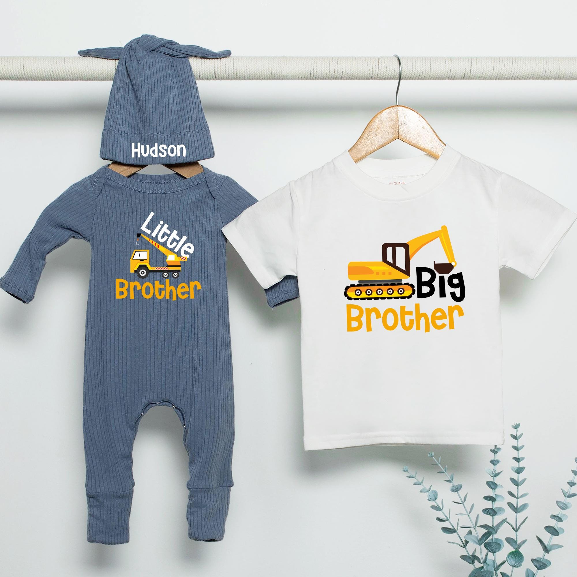 Big Brother and Little Brother Matching Construction Outfit with Cartoon Digger Design, Baby Shower Gift for Siblings, Custom Names Option