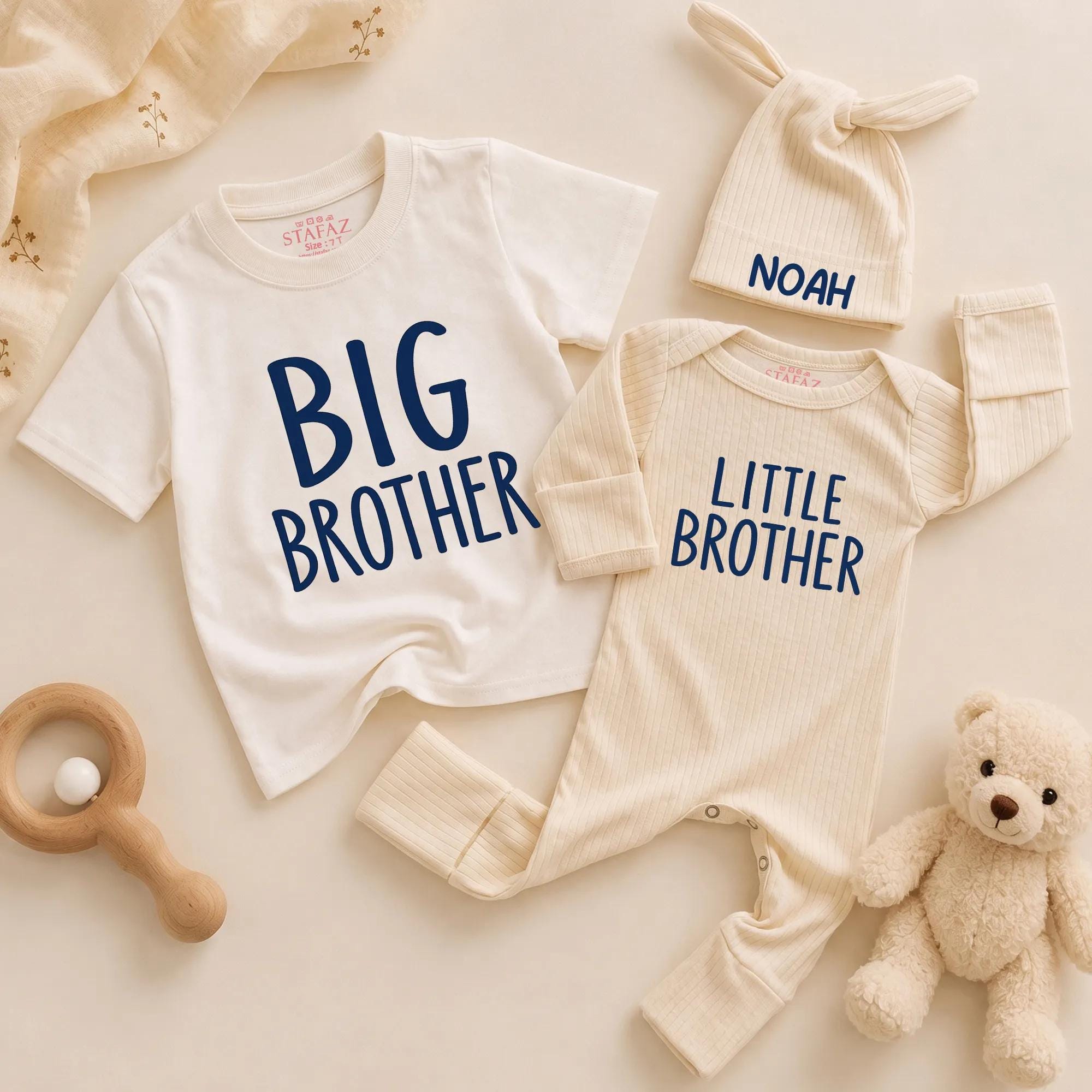 Big Brother Little Brother Matching Outfit with Custom Name Hat, Sibling T-Shirt and Baby Romper Set, New Baby Announcement Gift