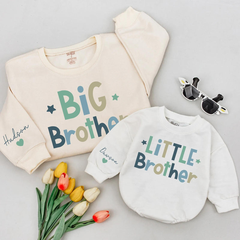 Big Brother and Little Brother Matching Shirts with Stars Design, Custom Name Sibling Outfits for Family Photos or Baby Announcements