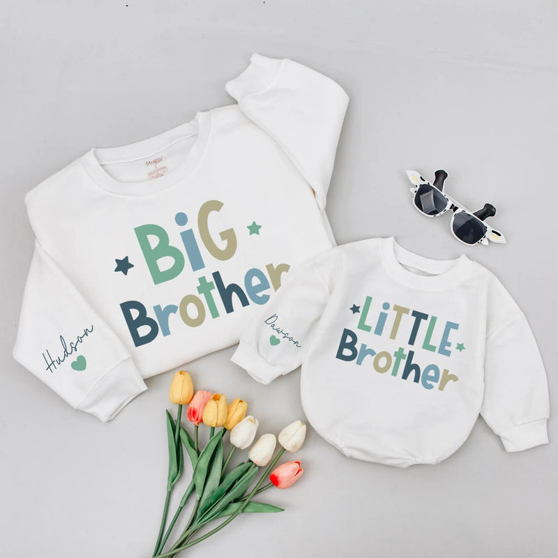 Big Brother and Little Brother Matching Shirts with Stars Design, Custom Name Sibling Outfits for Family Photos or Baby Announcements