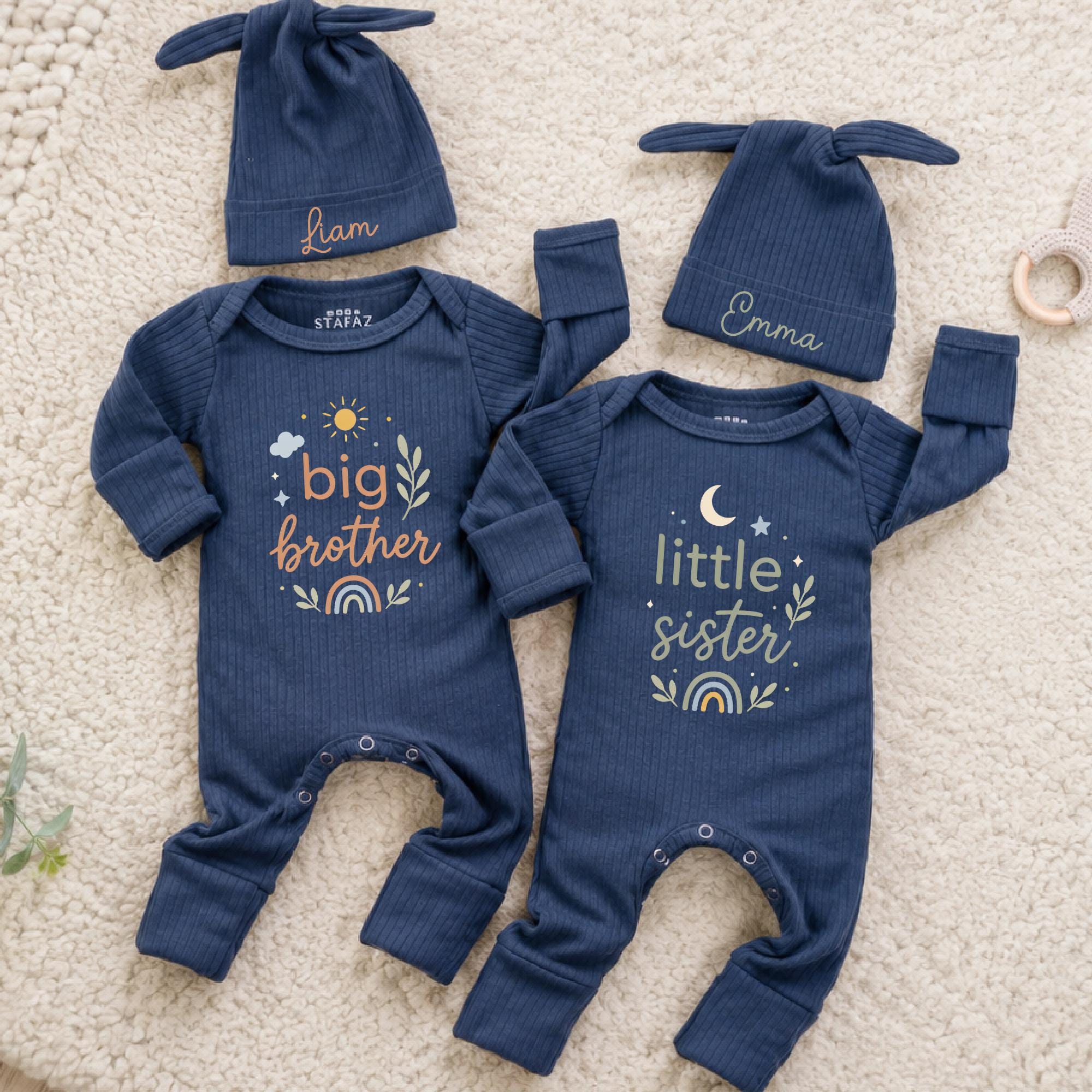 Big Brother Little Sister Baby Rompers with Rainbow and Nature Motif, Matching Name Hats Set, Personalized Twin Sibling Outfits