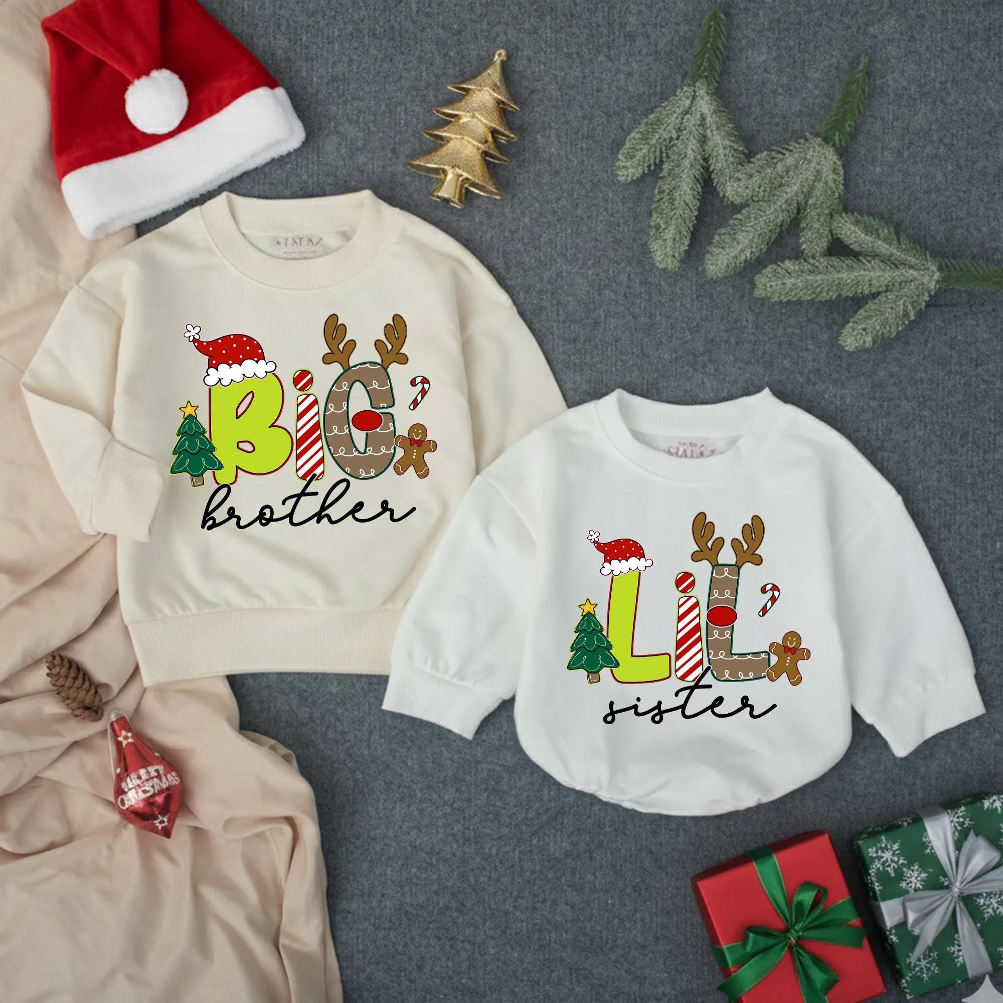 Big Brother Little Sister Christmas Sweatshirts with Festive Holiday Artwork, Sibling Matching Outfits, Toddler and Baby Clothes