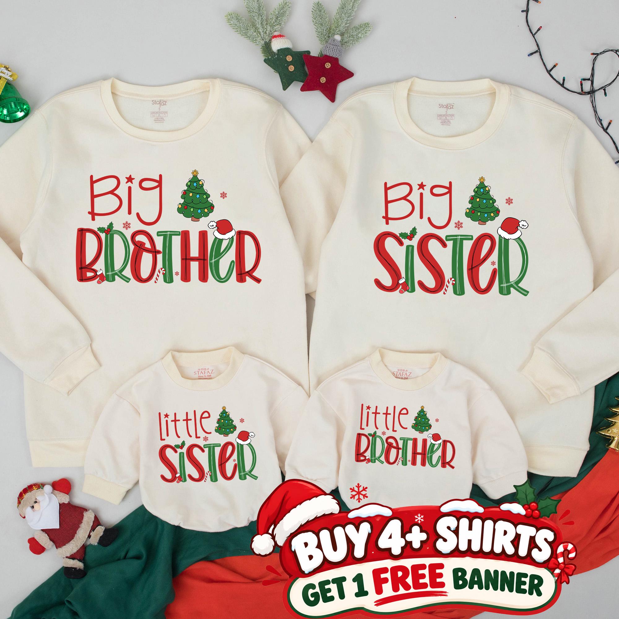 Big Brother Little Sister Christmas Sweatshirts with Festive Tree Artwork, Matching Holiday Family Outfits, Custom Names Included