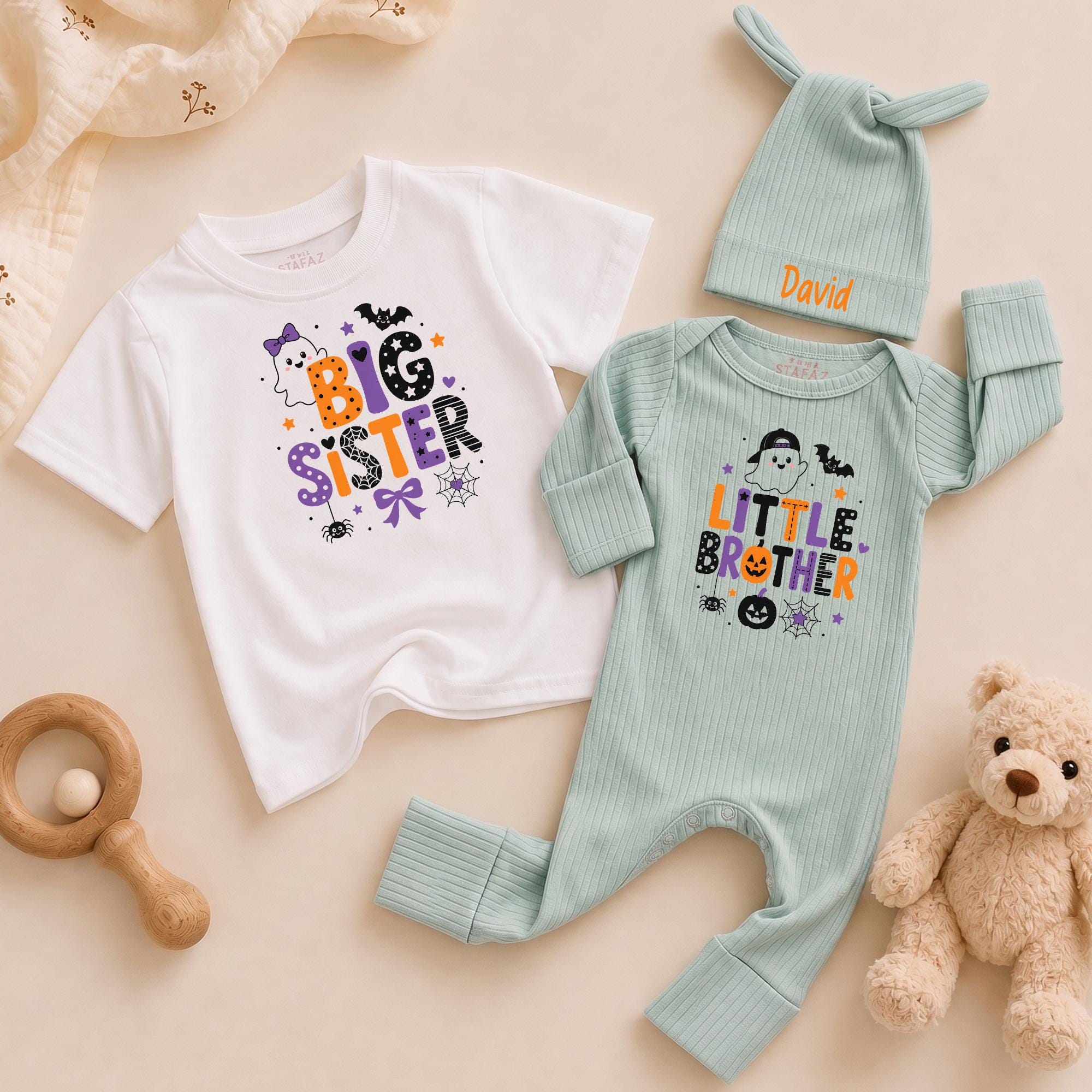 Big Brother Little Sister Halloween Shirts with Ghost & Witch Hat Design, Matching Sibling Outfits with Custom Name & Hat