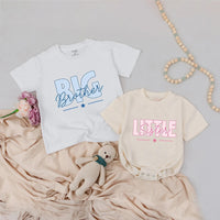 Big Brother and Little Sister Matching Shirt and Romper Set with Custom Names, Sibling Announcement Outfit for Family Photos