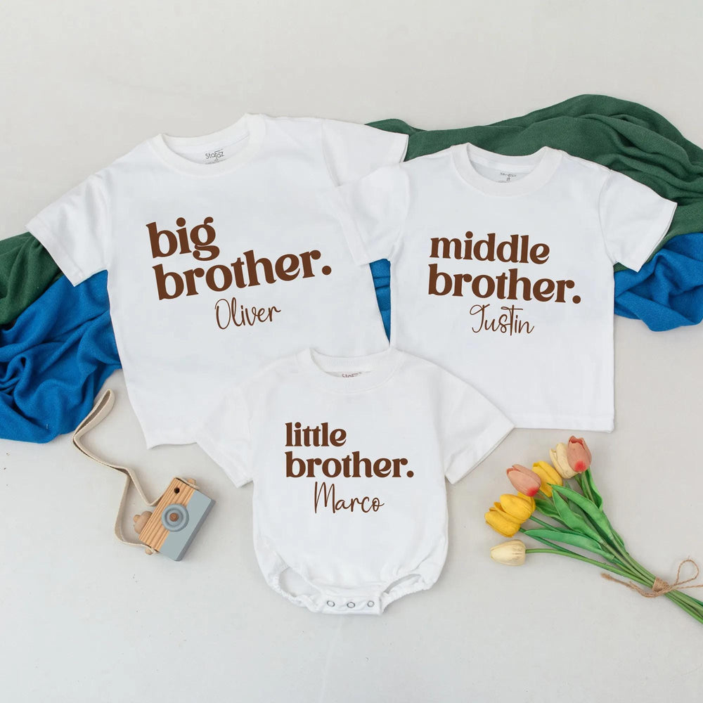 Big Brother, Middle Brother, Little Brother Matching Shirts Personalized Custom Sibling Outfits for Boys Minimalist Family Announcement