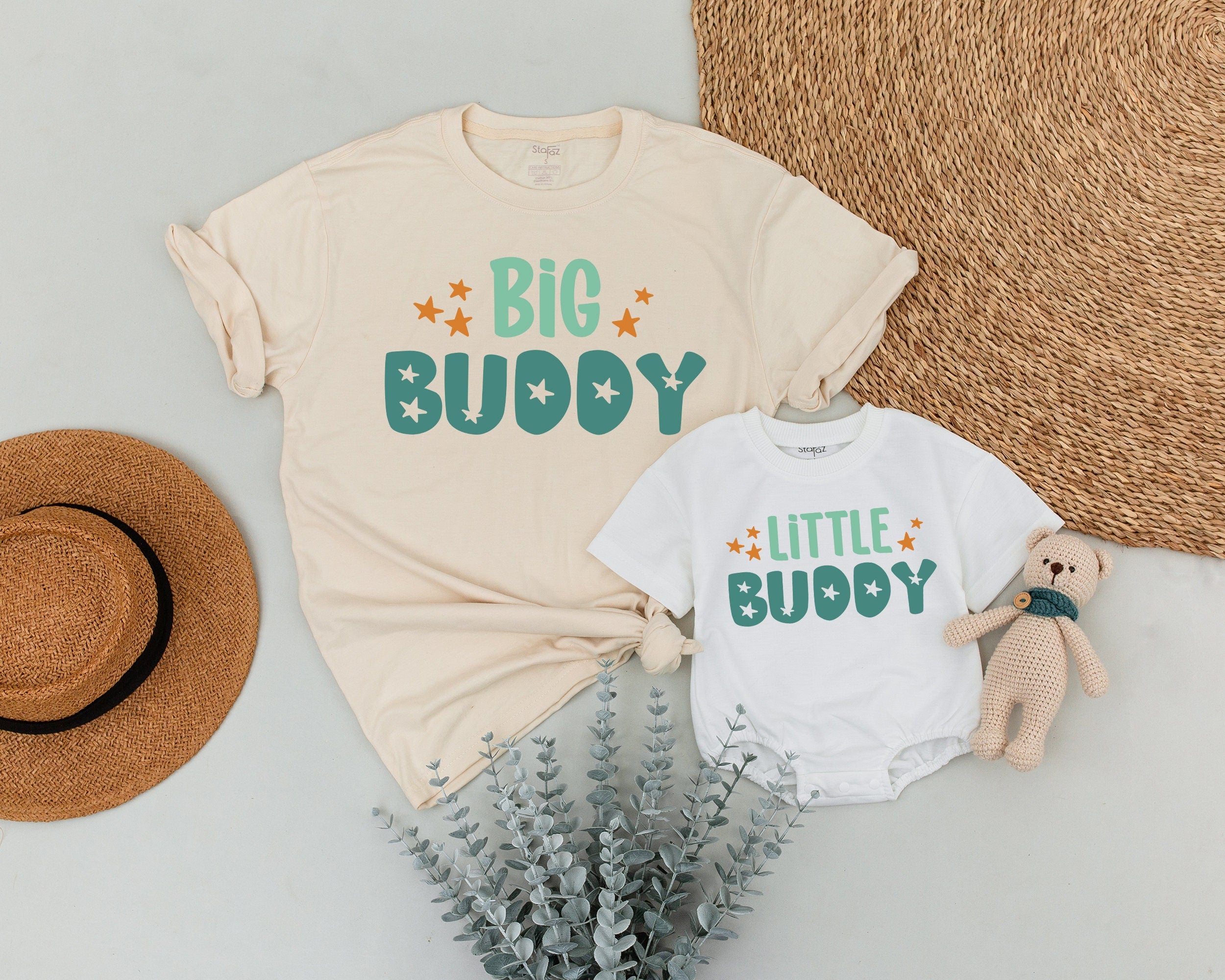 Big Buddy Little Buddy Matching T-shirts Soft Green Fun Design for Father Son Duo Star Graphics Daddy's Day Gift Casual Comfort Outfit