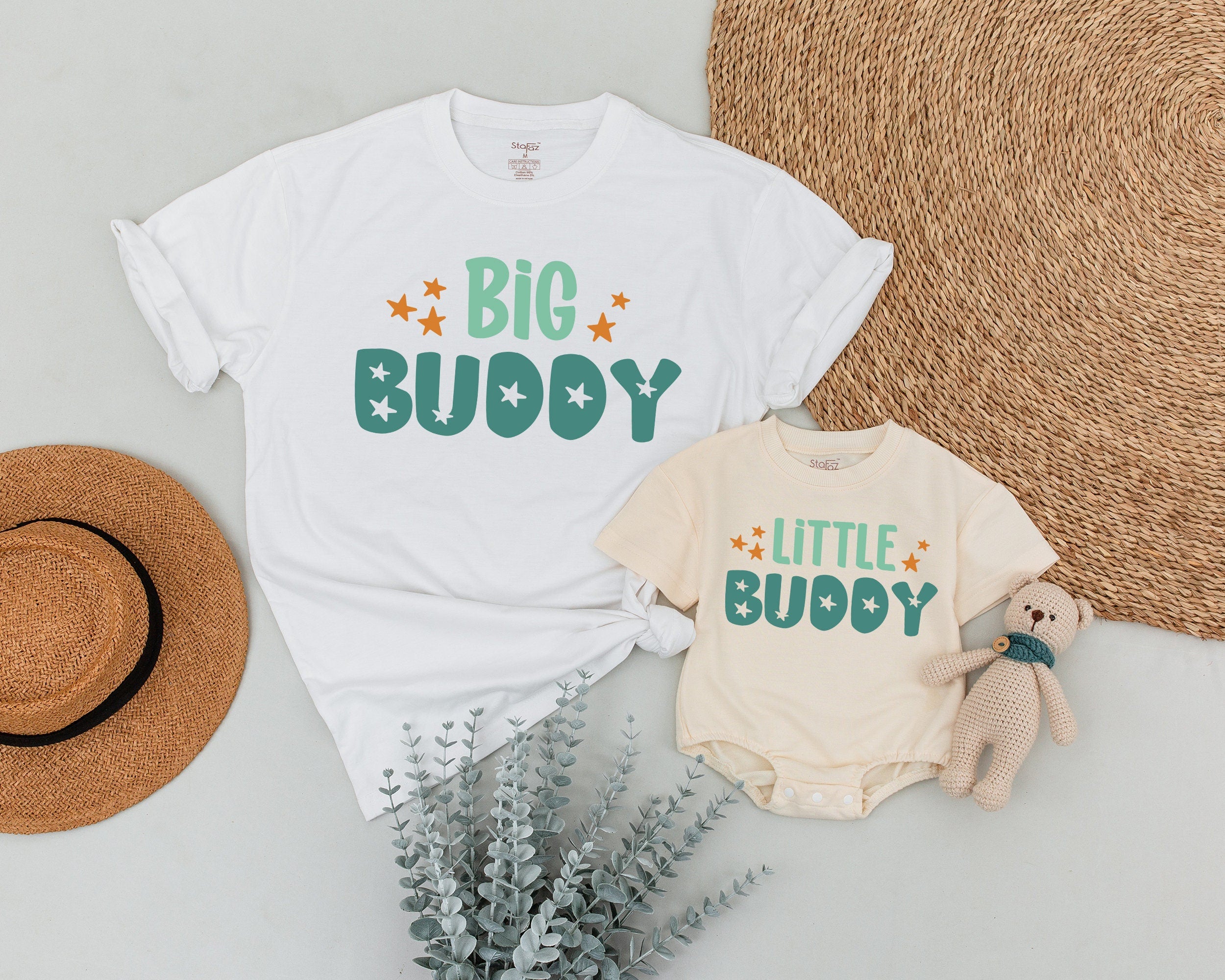 Big Buddy Little Buddy Matching T-shirts Soft Green Fun Design for Father Son Duo Star Graphics Daddy's Day Gift Casual Comfort Outfit