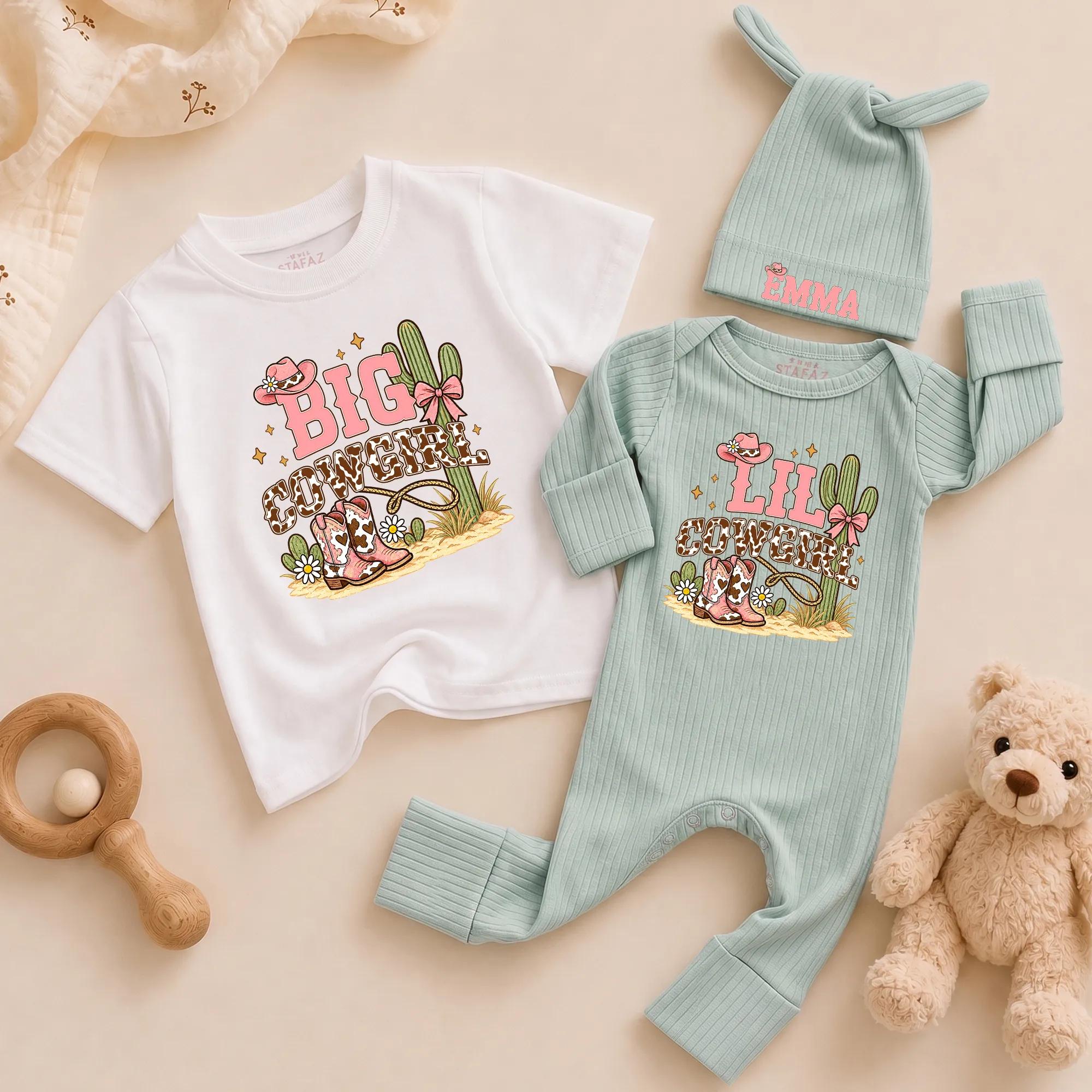 Big Cowgirl Lil Cowgirl Matching Outfits with Rodeo Artwork and Custom Name Hat, Sibling Shirts and Baby Bodysuit Set