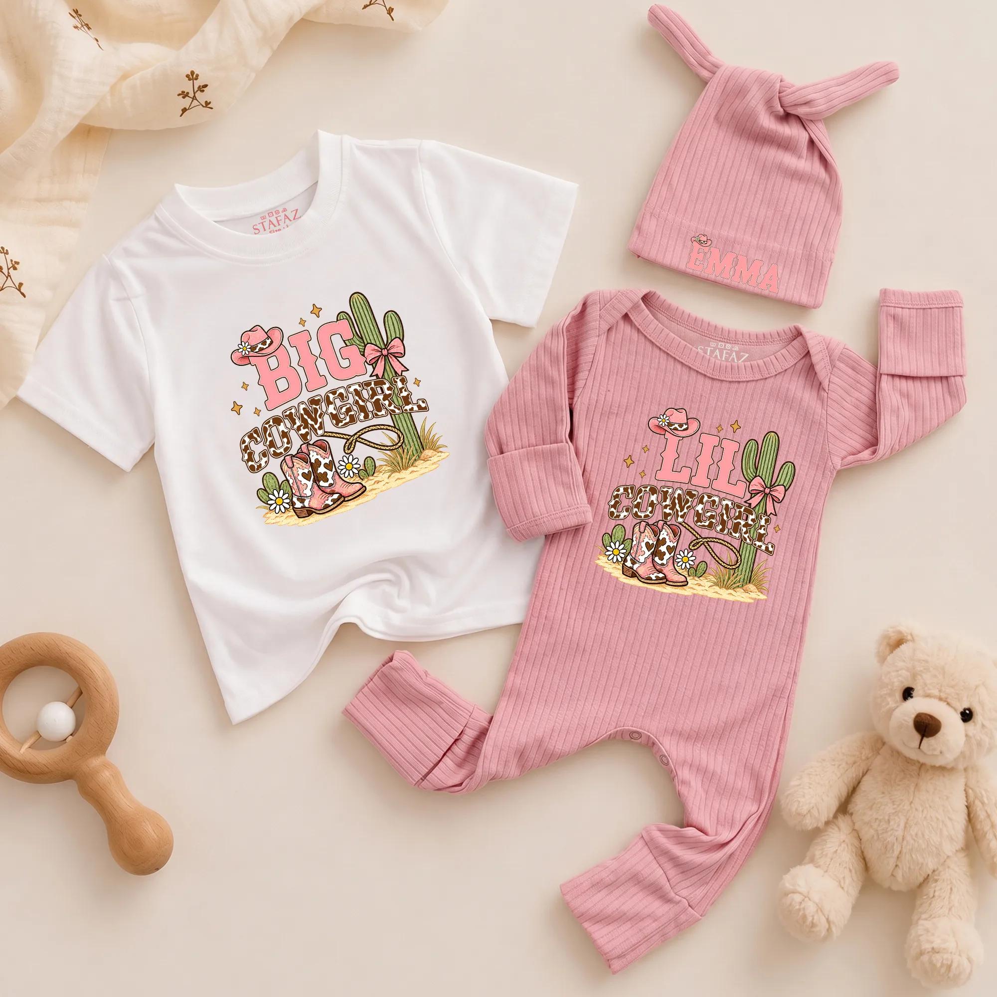 Big Cowgirl Lil Cowgirl Matching Outfits with Rodeo Artwork and Custom Name Hat, Sibling Shirts and Baby Bodysuit Set
