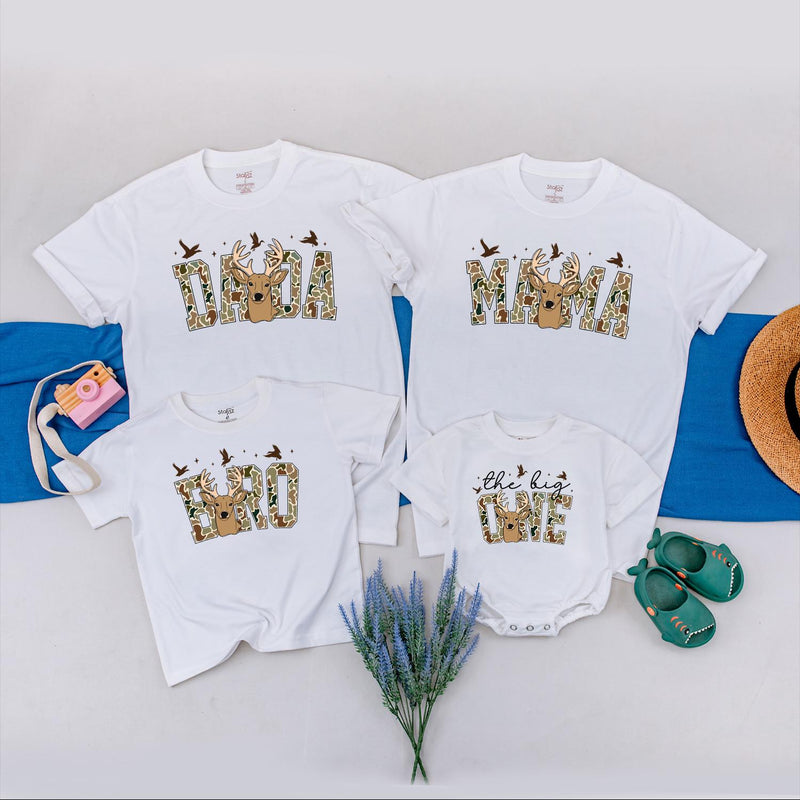The Big One Hunting Birthday Shirt with Deer Head Design Family Matching Tees Custom Baby Romper 1st Birthday Boy Outfit Gift Idea