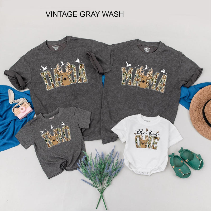 The Big One Hunting Birthday Shirt with Deer Head Design Family Matching Tees Custom Baby Romper 1st Birthday Boy Outfit Gift Idea