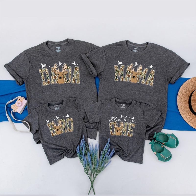 The Big One Hunting Birthday Shirt with Deer Head Design Family Matching Tees Custom Baby Romper 1st Birthday Boy Outfit Gift Idea