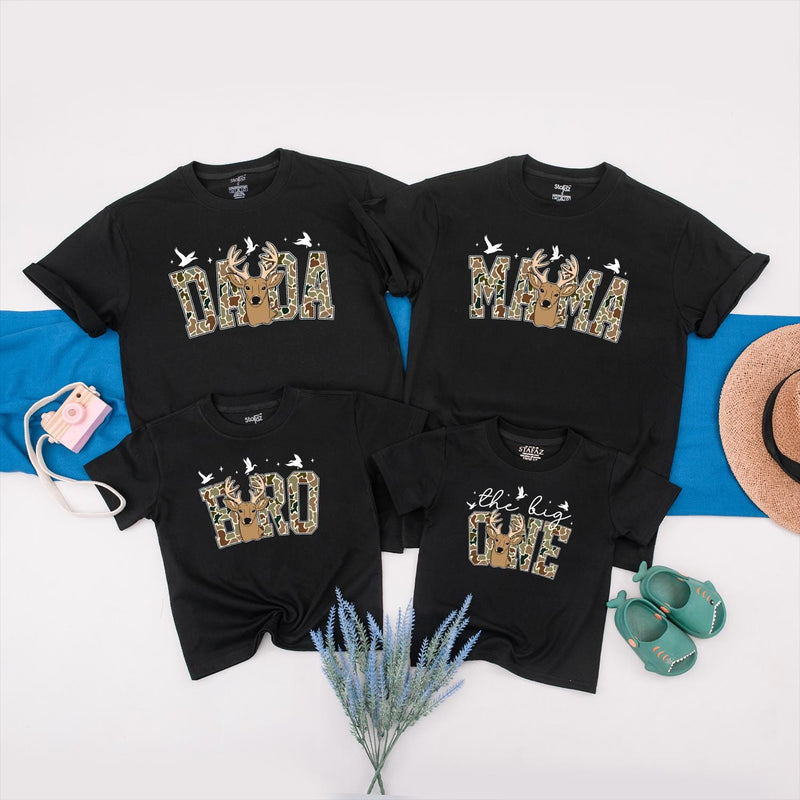 The Big One Hunting Birthday Shirt with Deer Head Design Family Matching Tees Custom Baby Romper 1st Birthday Boy Outfit Gift Idea