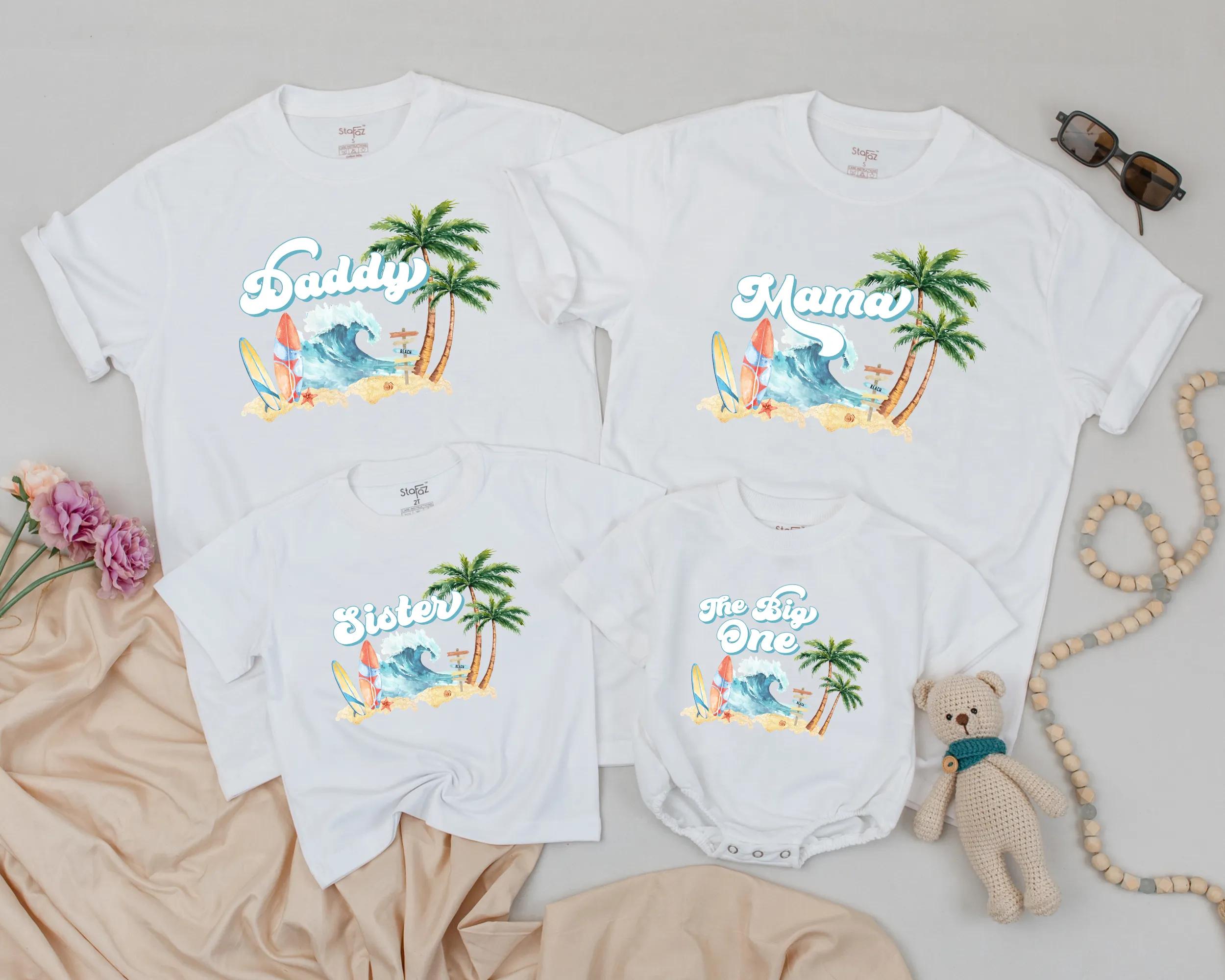 The Big One Surf Birthday Family Shirts Colorful Ocean Wave Design Custom Names Beach Party Outfit Soft Cotton Summer Celebration