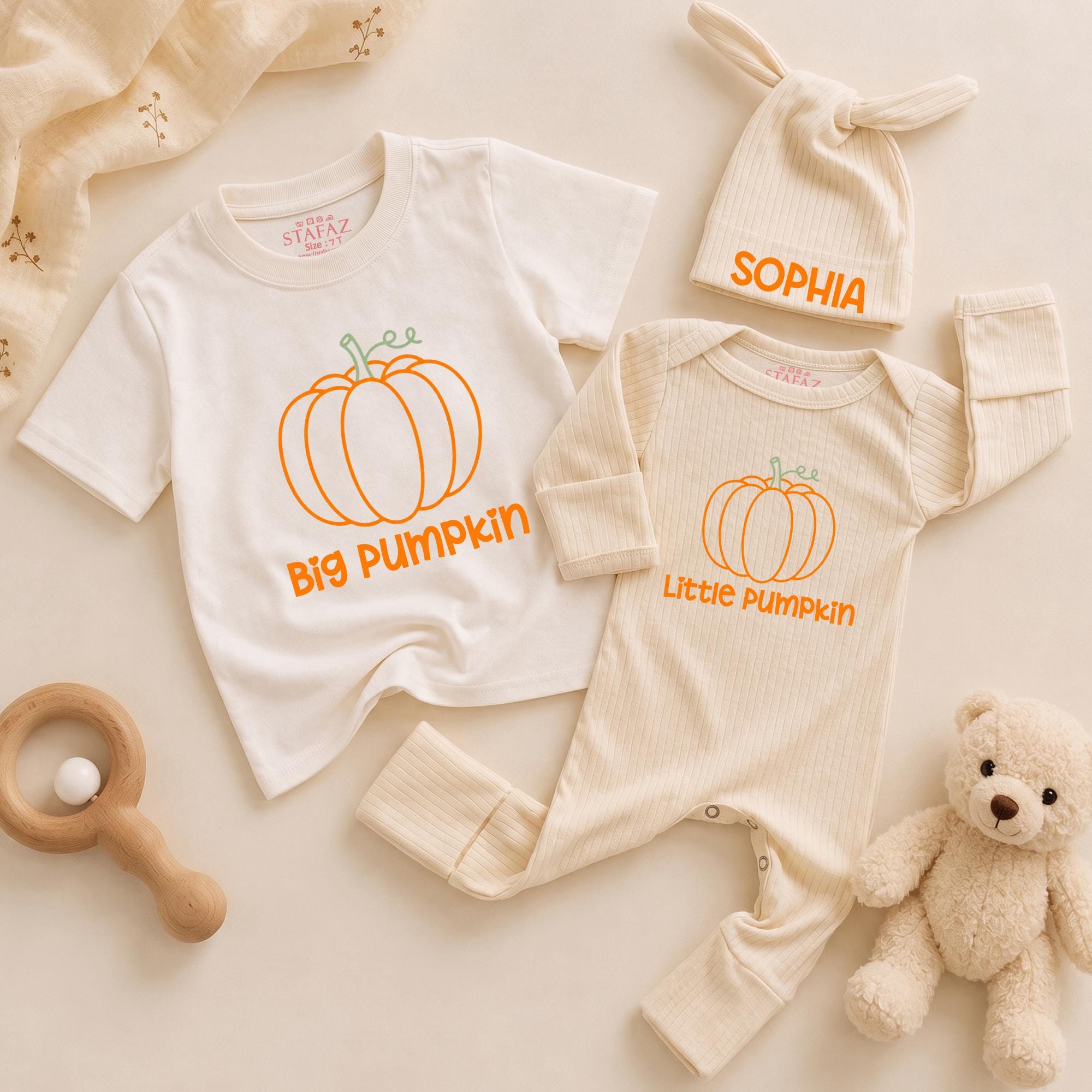 Big Pumpkin Little Pumpkin Matching Shirts with Custom Name Hat, Adorable Fall Family Outfits for Pumpkin Patch & Sibling Photos