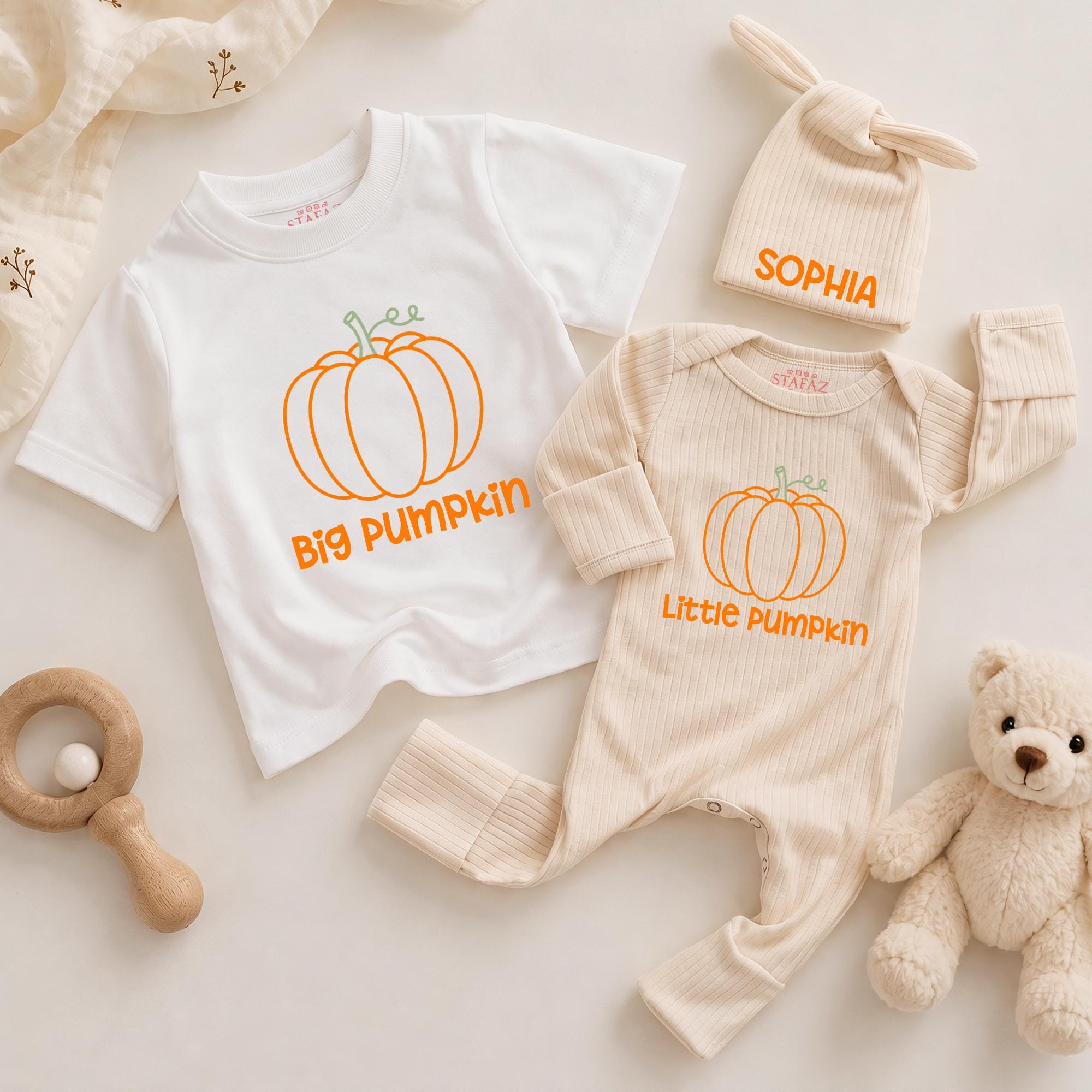 Big Pumpkin Little Pumpkin Matching Shirts with Custom Name Hat, Adorable Fall Family Outfits for Pumpkin Patch & Sibling Photos