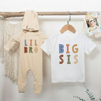 Big Sis and Lil Bro Matching Cotton Outfits with Custom Name, Baby and Toddler Sibling Shirts, Gender-Neutral Colors, Newborn Gift Idea