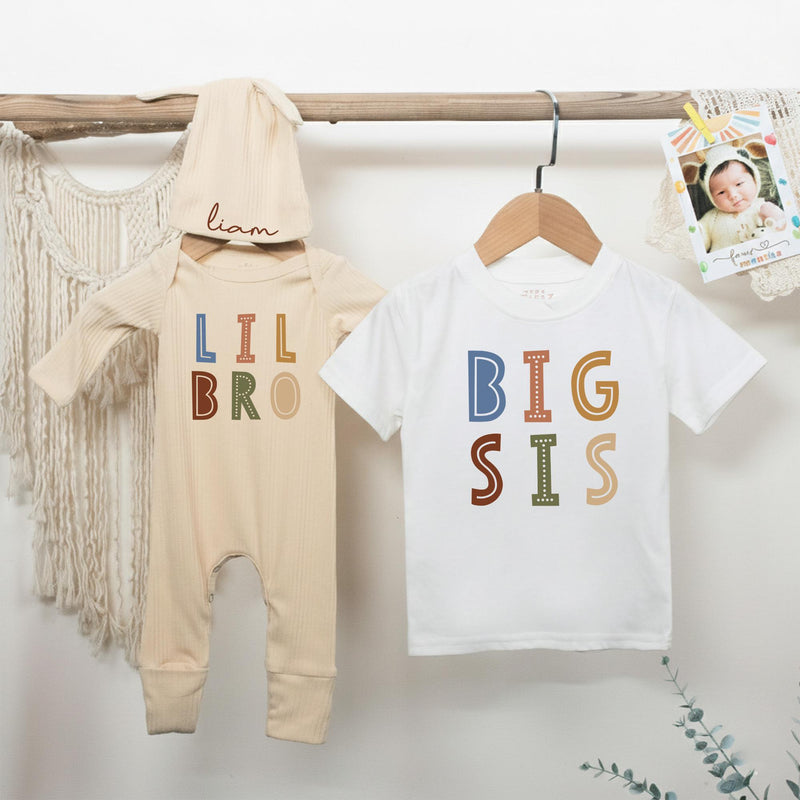 Big Sis and Lil Bro Matching Cotton Outfits with Custom Name, Baby and Toddler Sibling Shirts, Gender-Neutral Colors, Newborn Gift Idea