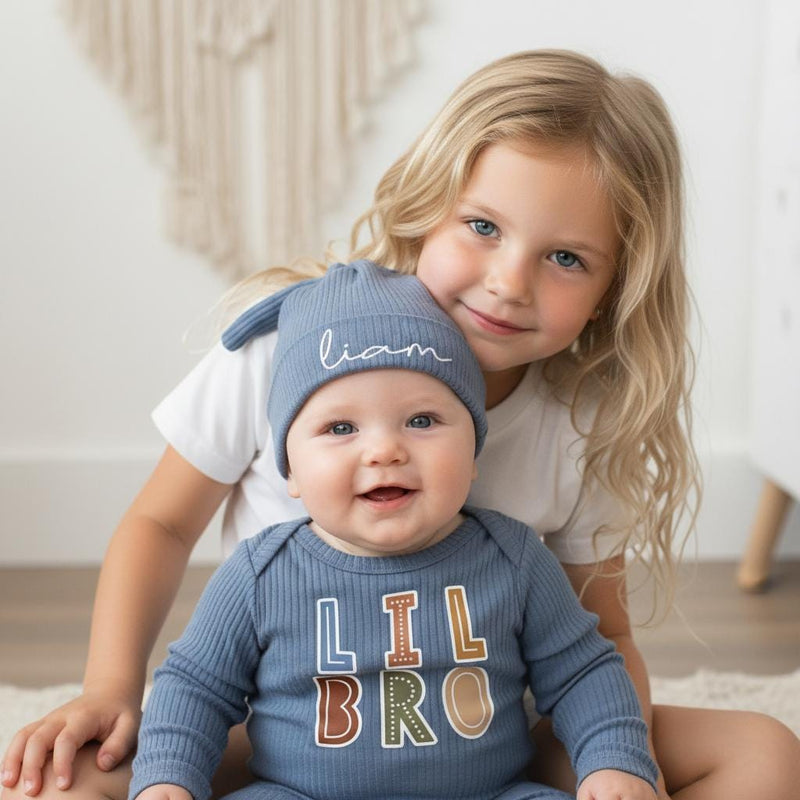 Big Sis and Lil Bro Matching Cotton Outfits with Custom Name, Baby and Toddler Sibling Shirts, Gender-Neutral Colors, Newborn Gift Idea