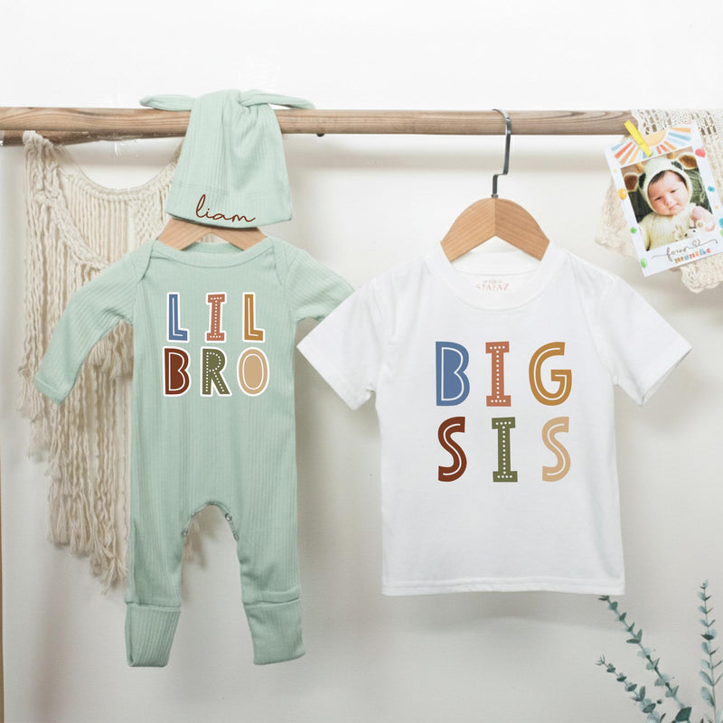 Big Sis and Lil Bro Matching Cotton Outfits with Custom Name, Baby and Toddler Sibling Shirts, Gender-Neutral Colors, Newborn Gift Idea