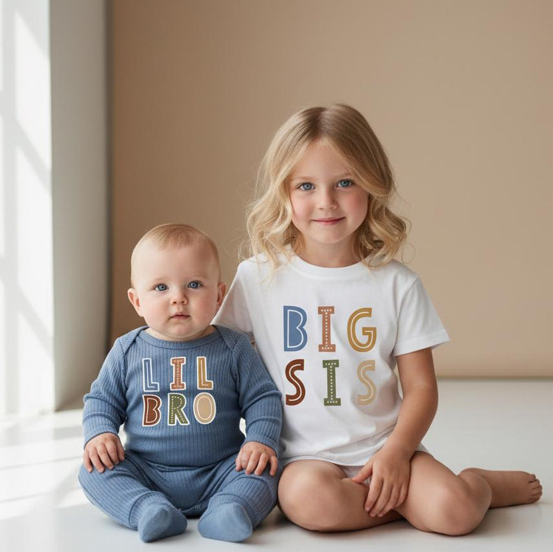 Big Sis and Lil Bro Matching Cotton Outfits with Custom Name, Baby and Toddler Sibling Shirts, Gender-Neutral Colors, Newborn Gift Idea