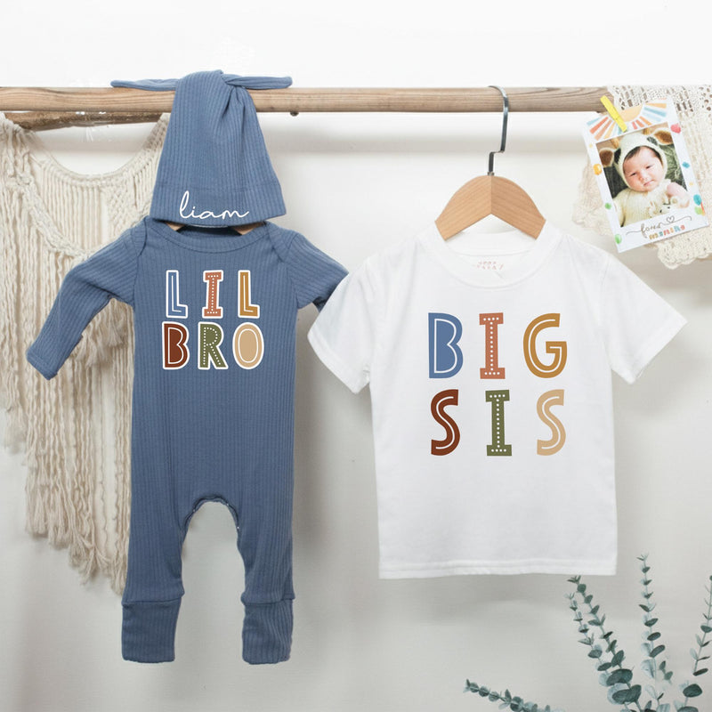 Big Sis and Lil Bro Matching Cotton Outfits with Custom Name, Baby and Toddler Sibling Shirts, Gender-Neutral Colors, Newborn Gift Idea