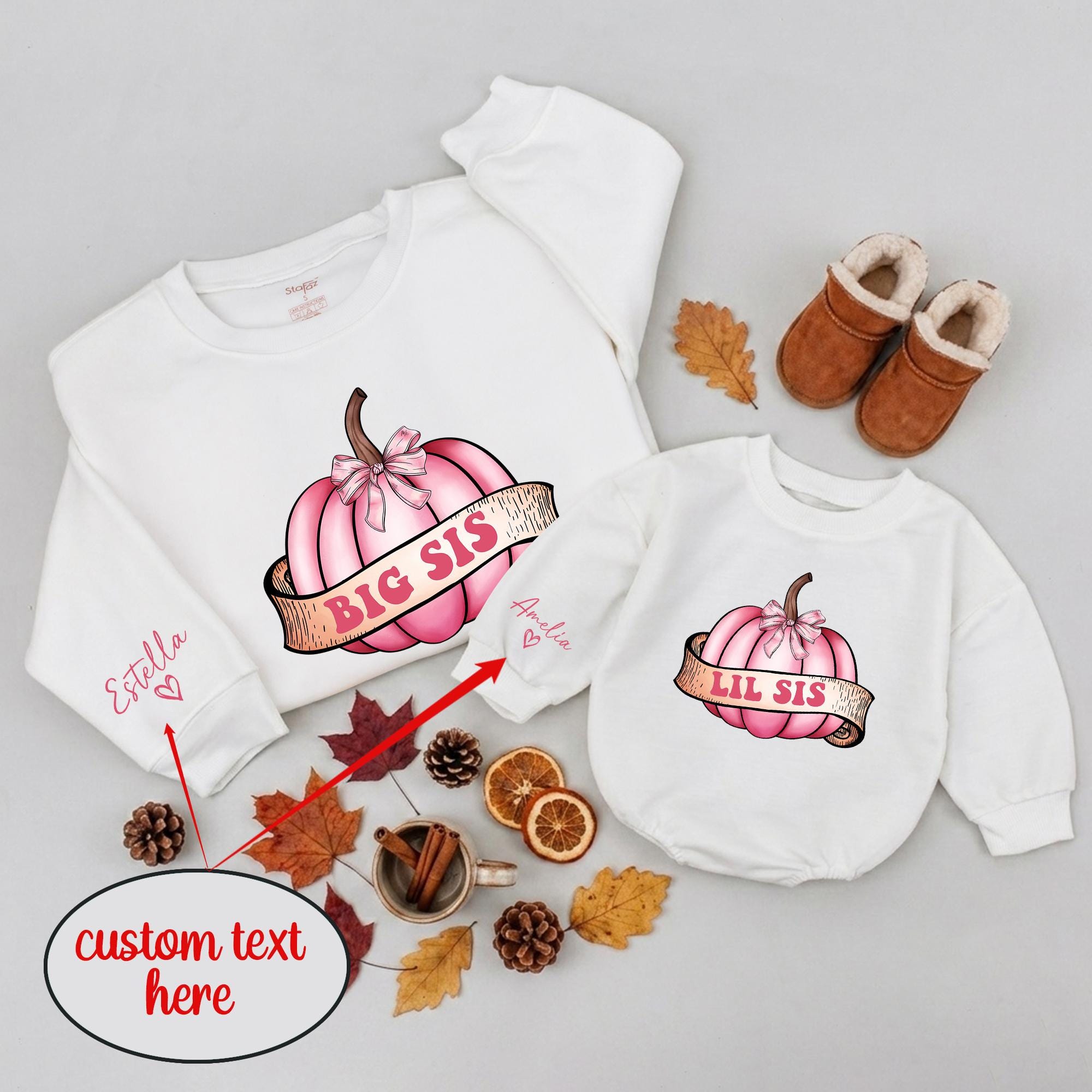 Big Sis Lil Sis Matching Pink Pumpkin Sweatshirts or Rompers with Custom Name, Fall Sibling Outfits for Pumpkin Patch Photos