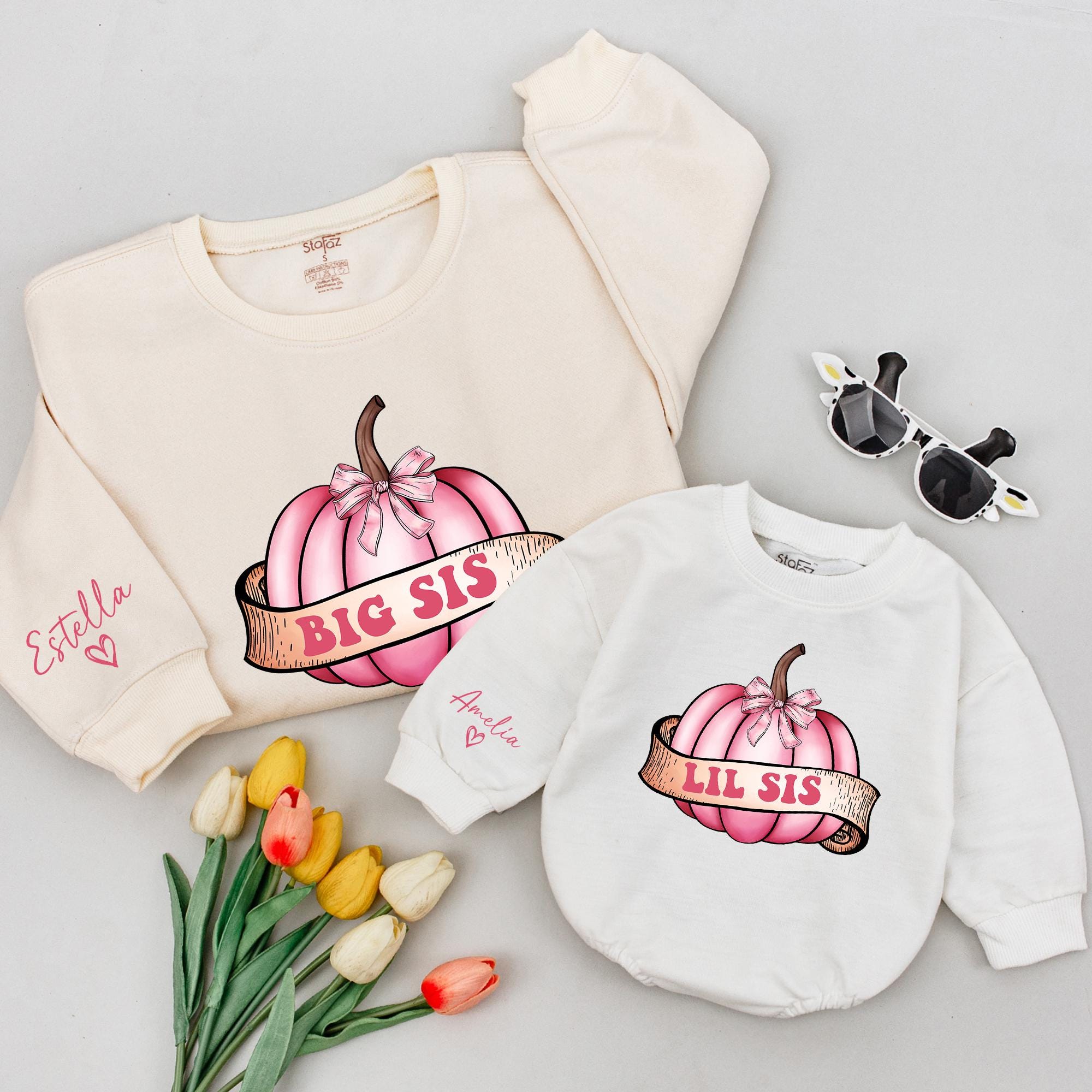 Big Sis Lil Sis Matching Pink Pumpkin Sweatshirts or Rompers with Custom Name, Fall Sibling Outfits for Pumpkin Patch Photos