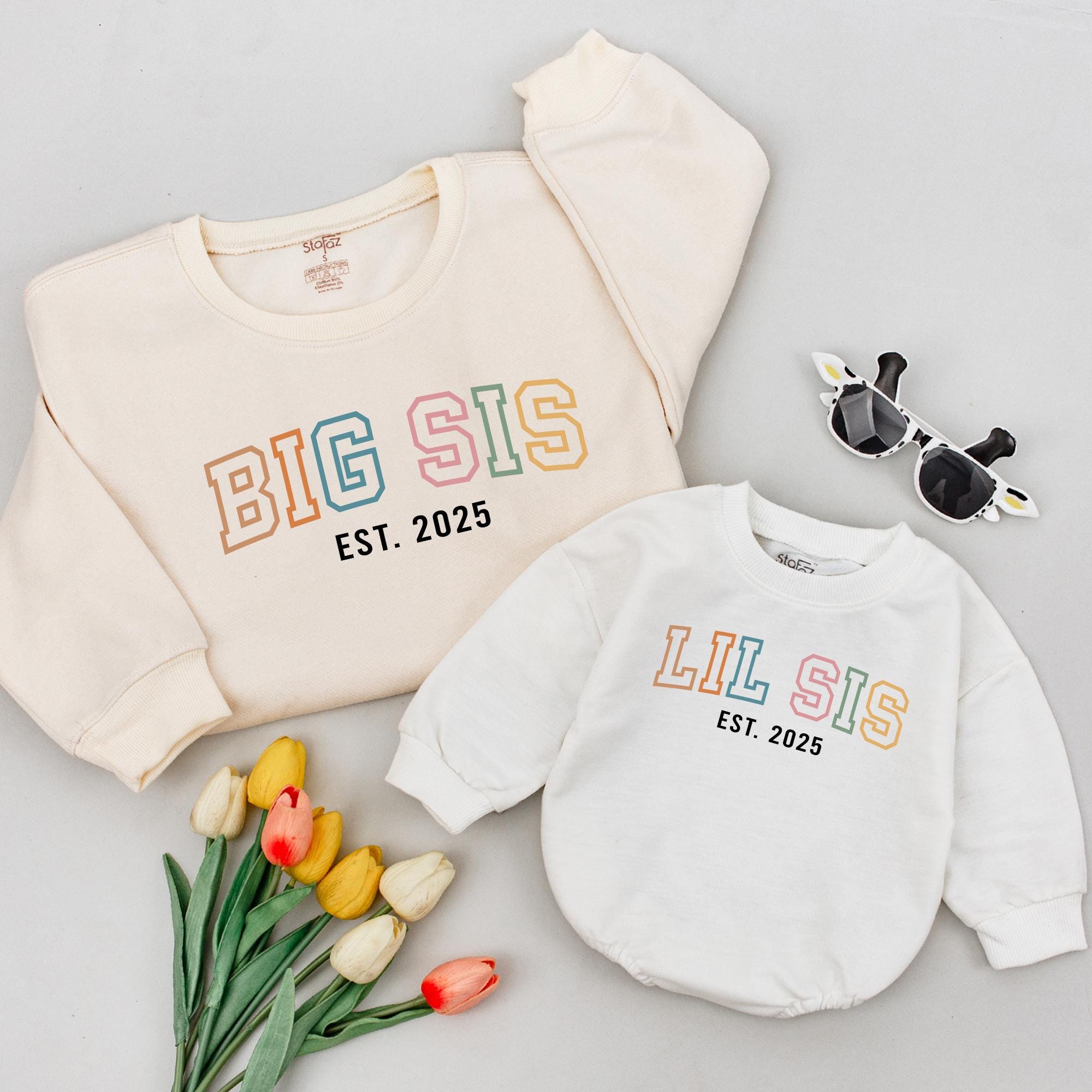 Big Sis Lil Sis Matching Shirts Custom Year Pastel Design, Big Sister Toddler Shirt, New Baby Gift, Minimalist Sibling Outfits Cotton