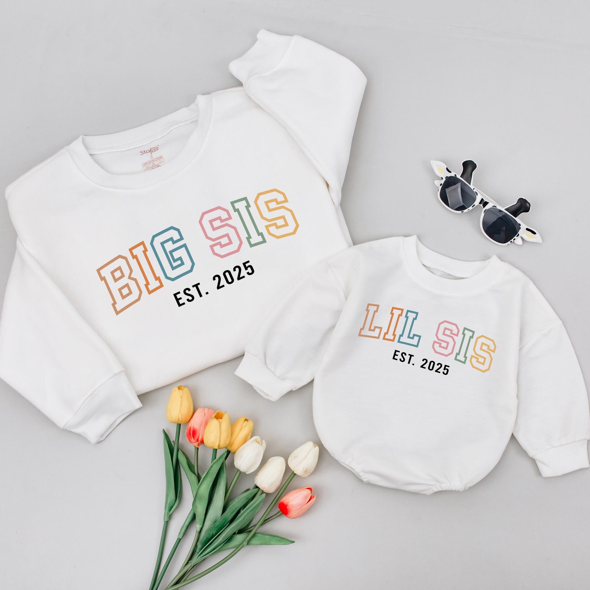 Big Sis Lil Sis Matching Shirts Custom Year Pastel Design, Big Sister Toddler Shirt, New Baby Gift, Minimalist Sibling Outfits Cotton