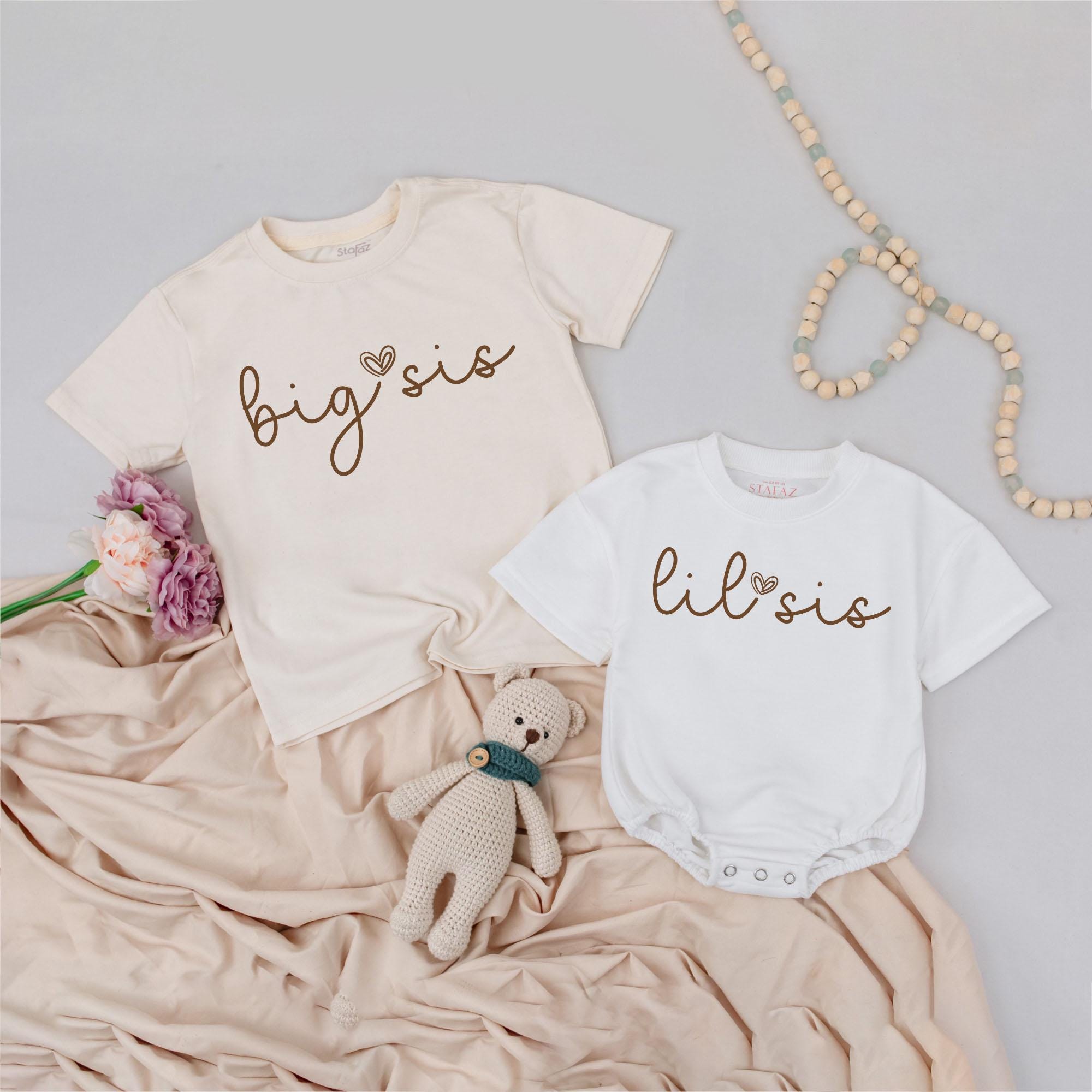 Big Sis and Lil Sis Matching Shirts with Heart Design Custom Sibling Outfits for Baby and Toddler Girls Soft Neutral Family Gift Idea