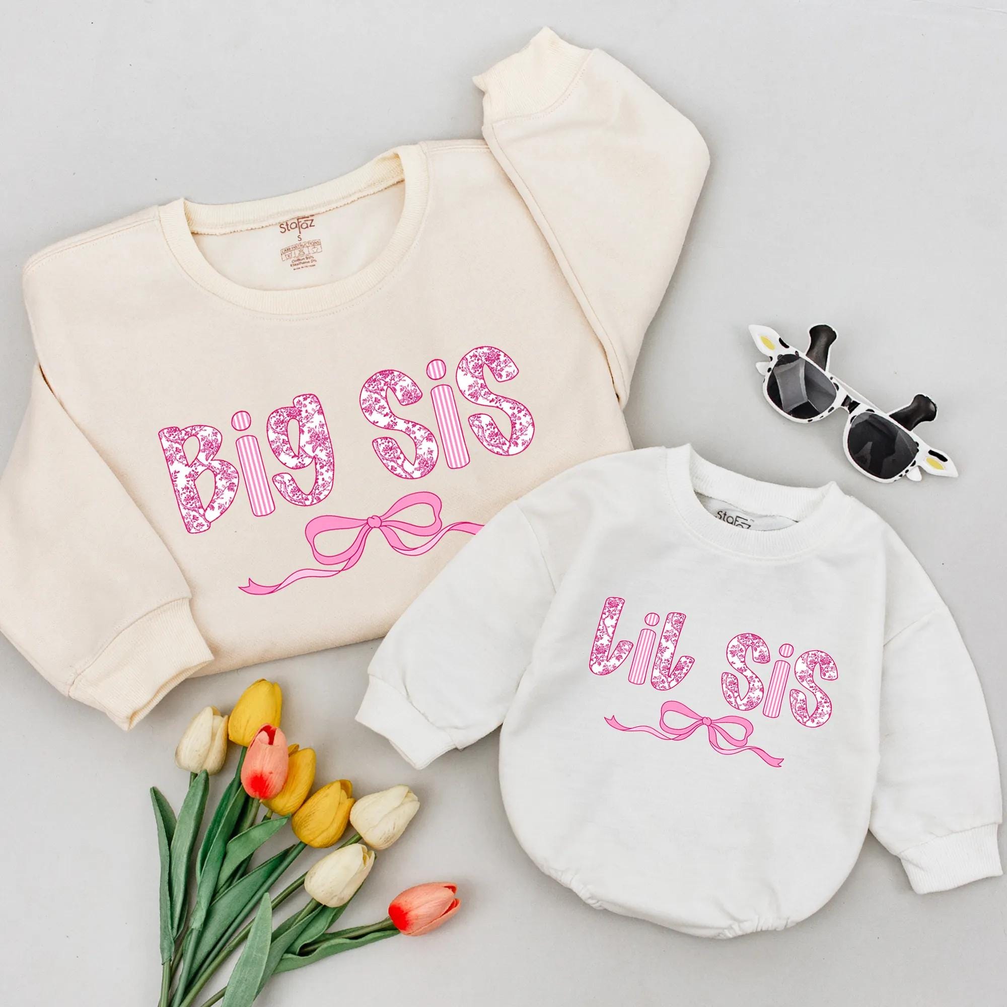 Big Sis Lil Sis Matching Shirts with Pink Floral Bow Design, Big Sister Little Sister Outfits, Coquette Style Casual Toddler Girl Tees