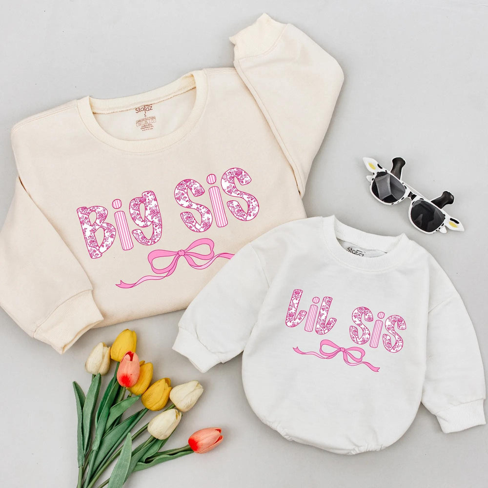 Big Sis Lil Sis Matching Shirts with Pink Floral Bow Design, Big Sister Little Sister Outfits, Coquette Style Casual Toddler Girl Tees