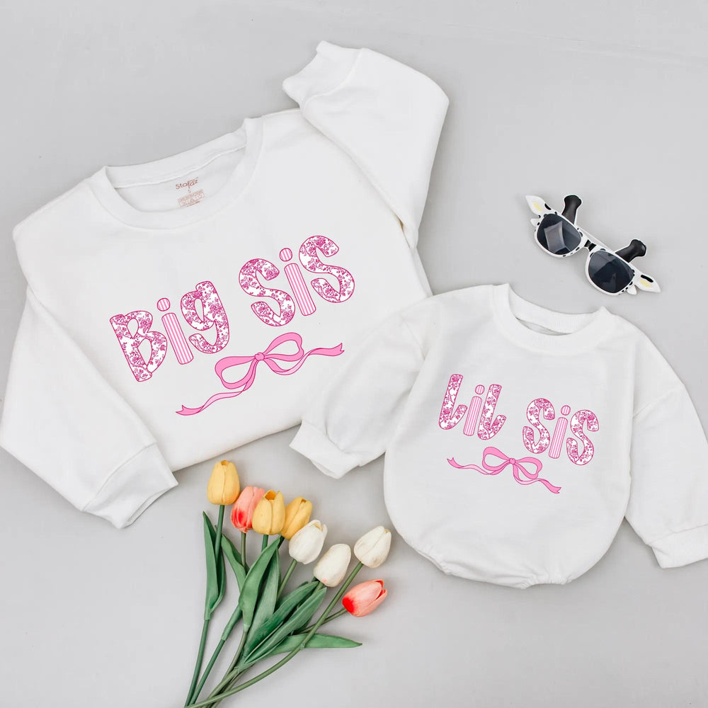 Big Sis Lil Sis Matching Shirts with Pink Floral Bow Design, Big Sister Little Sister Outfits, Coquette Style Casual Toddler Girl Tees