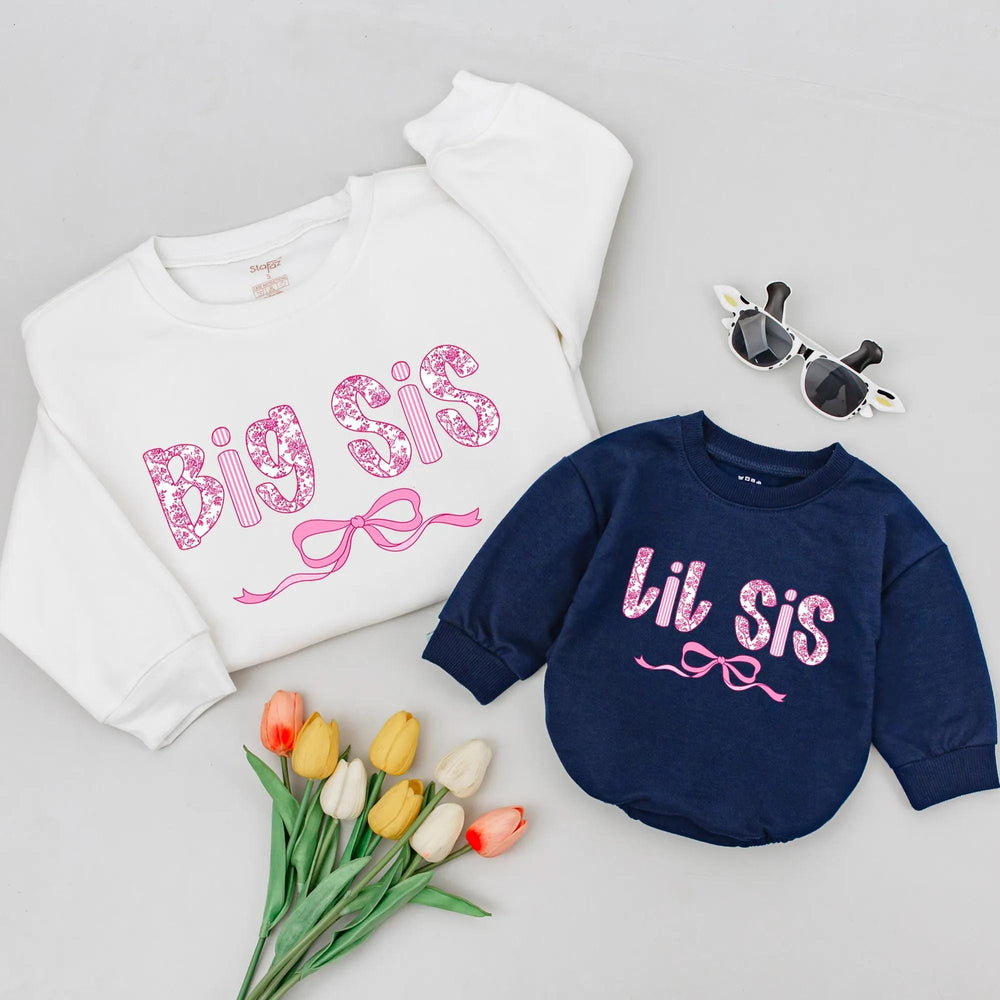 Big Sis Lil Sis Matching Shirts with Pink Floral Bow Design, Big Sister Little Sister Outfits, Coquette Style Casual Toddler Girl Tees