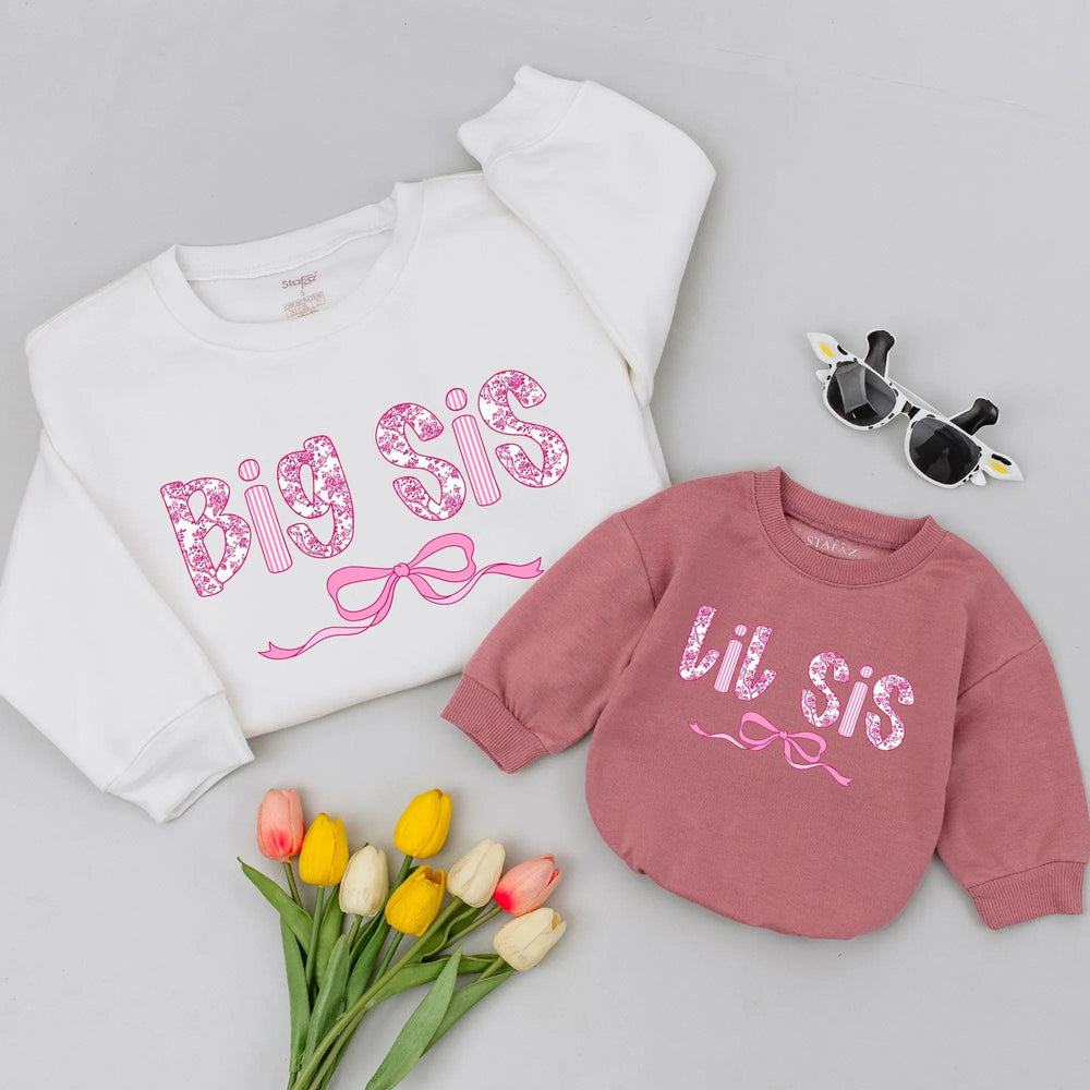 Big Sis Lil Sis Matching Shirts with Pink Floral Bow Design, Big Sister Little Sister Outfits, Coquette Style Casual Toddler Girl Tees