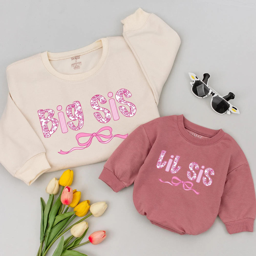 Big Sis Lil Sis Matching Shirts with Pink Floral Bow Design, Big Sister Little Sister Outfits, Coquette Style Casual Toddler Girl Tees