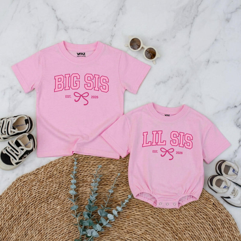 Big Sis Lil Sis Matching Sibling Shirts with Pink Bow Artwork, Baby Romper & Kids' T-Shirt Set, Soft Cotton for Baby Announcement Gift