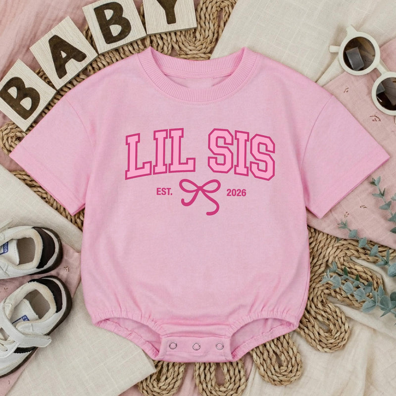 Big Sis Lil Sis Matching Sibling Shirts with Pink Bow Artwork, Baby Romper & Kids' T-Shirt Set, Soft Cotton for Baby Announcement Gift