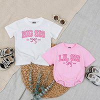 Big Sis Lil Sis Matching Sibling Shirts with Pink Bow Artwork, Baby Romper & Kids' T-Shirt Set, Soft Cotton for Baby Announcement Gift