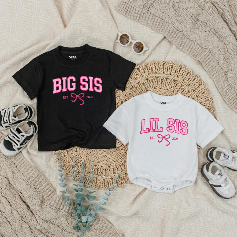 Big Sis Lil Sis Matching Sibling Shirts with Pink Bow Artwork, Baby Romper & Kids' T-Shirt Set, Soft Cotton for Baby Announcement Gift