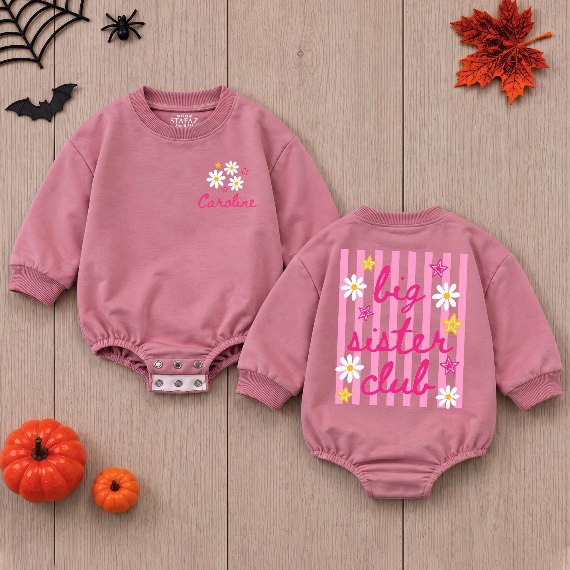 Big Sister Club Baby Romper with Daisy Artwork and Custom Name, Cute Sibling Outfit for Milestone Photos and Gifting
