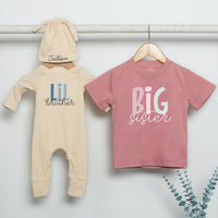 Custom Matching Big Sister Lil Brother Outfit Set - Soft Cotton Baby Bodysuit & Kids Tee, Retro Font, Perfect for Sibling Gifts & Photos