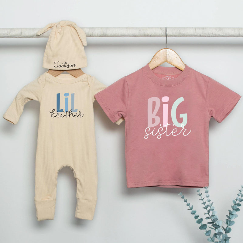 Custom Matching Big Sister Lil Brother Outfit Set - Soft Cotton Baby Bodysuit & Kids Tee, Retro Font, Perfect for Sibling Gifts & Photos