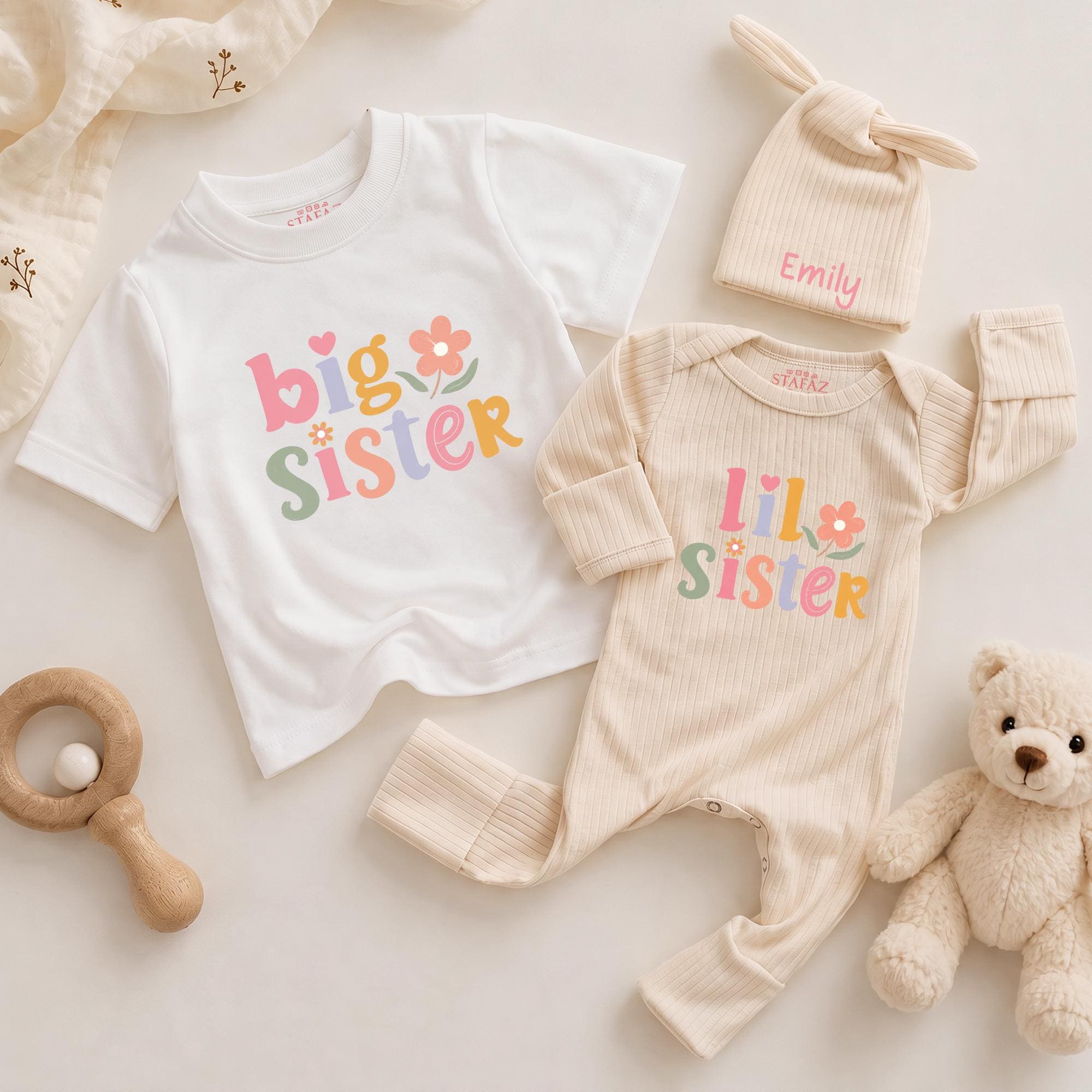 Big Sister Lil Sister Matching Outfits with Floral Pastel Design, Personalized Baby Name Hat, Sibling Shirts for Girls