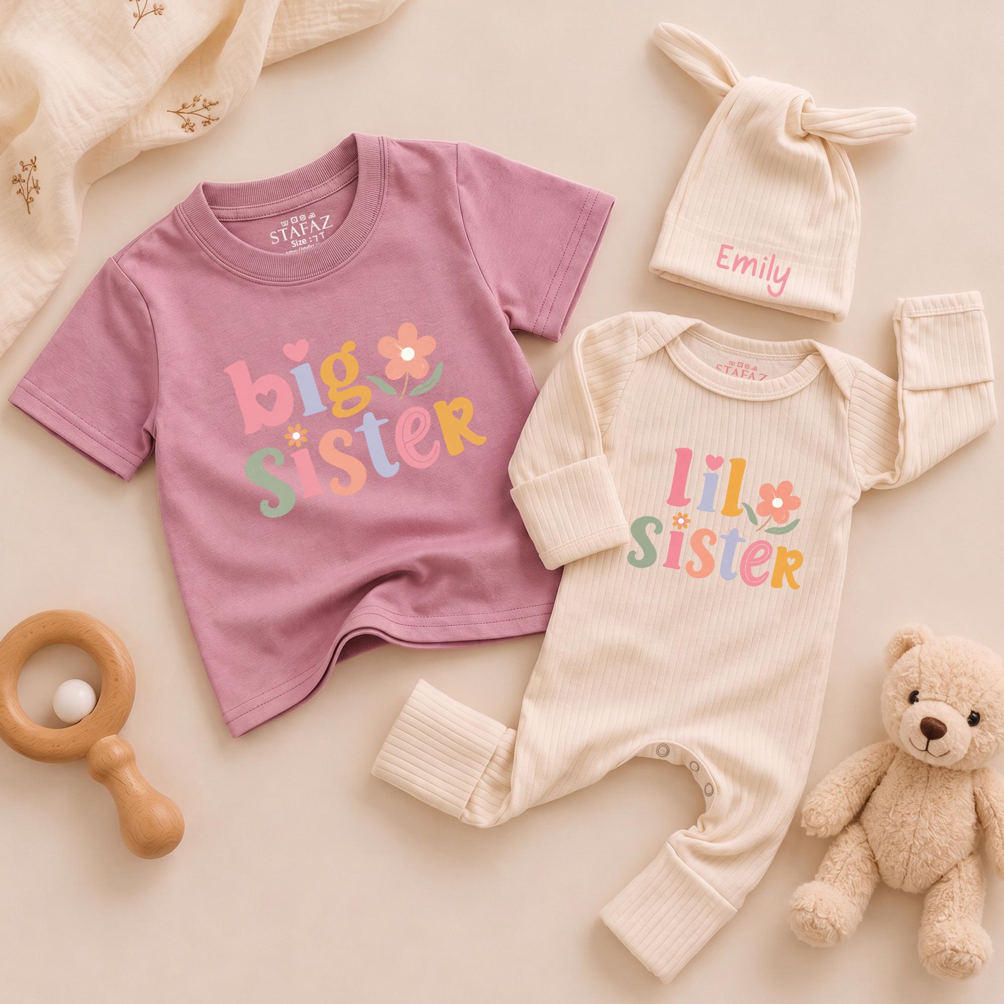 Big Sister Lil Sister Matching Outfits with Floral Pastel Design, Personalized Baby Name Hat, Sibling Shirts for Girls