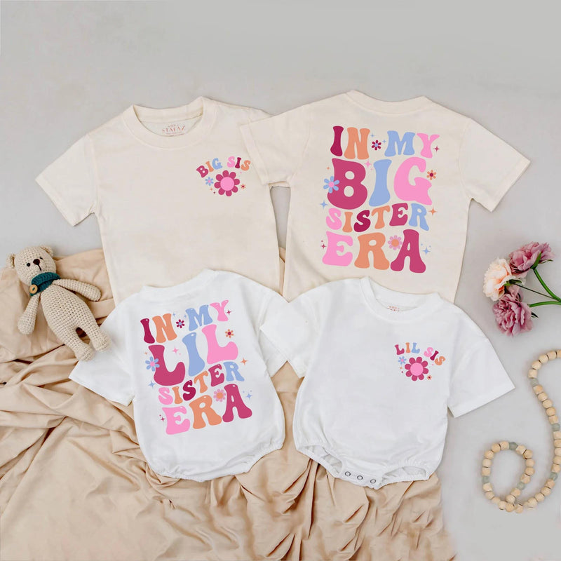 Big Sister Lil Sister Matching Outfits Retro Pastel Toddler Baby Girl Clothes Custom 70s Style Sibling Gift Cute Announcement Shirts