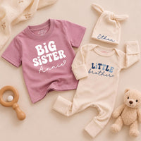 Big Sister Little Brother Matching Outfits Personalized Name Shirts for Baby Toddler Girl Boy Birthday Soft Cotton Family Gift
